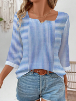 Casual Three Quarter Sleeve Notched Striped Loose Regular T-Shirt