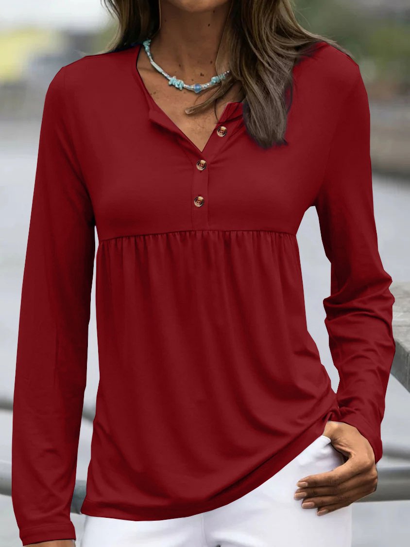 Loose Long Sleeve V Neck Plain Casual Regular T-Shirt