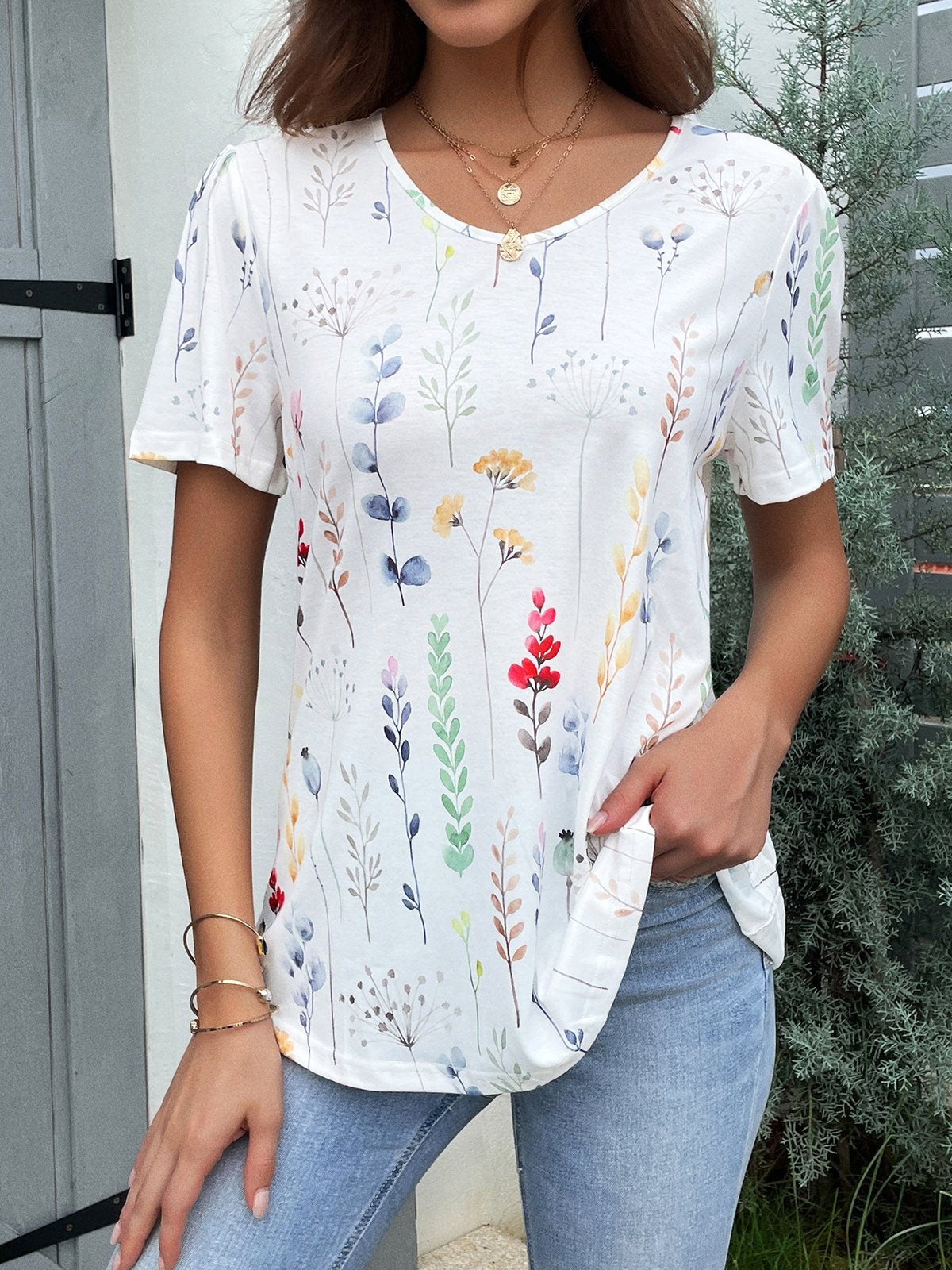 Loose Short Sleeve V Neck Floral Casual Mid-Long Blouse