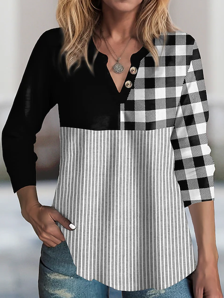 Casual Long Sleeve V Neck Striped Loose Regular Blouse