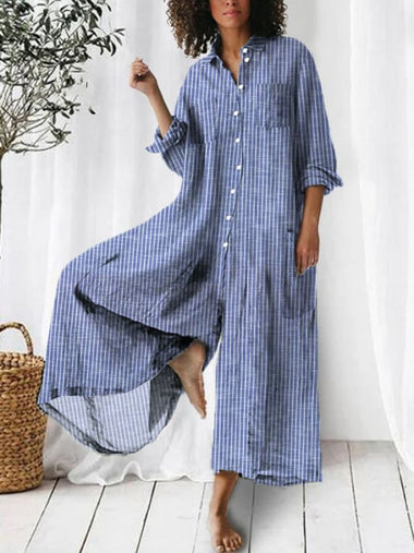 Loose Short Sleeve Shawl Collar Striped Casual Long Jumpsuit