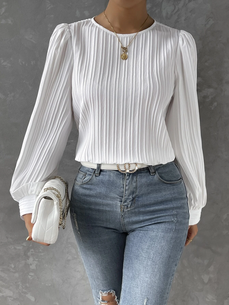 Casual Long Sleeve Crew Neck Plain Loose Regular Blouse