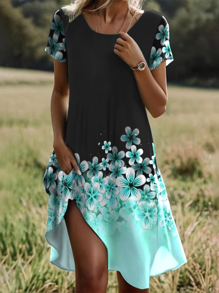 Casual Short Sleeve Crew Neck Floral Loose Midi Dress