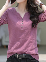 Casual Long Sleeve V Neck Plain Loose Regular T-Shirt