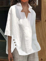 Linen Half Sleeve Notched Plain Loose Mid-Long Blouse