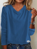 Loose Long Sleeve V Neck Plain Casual Regular T-Shirt