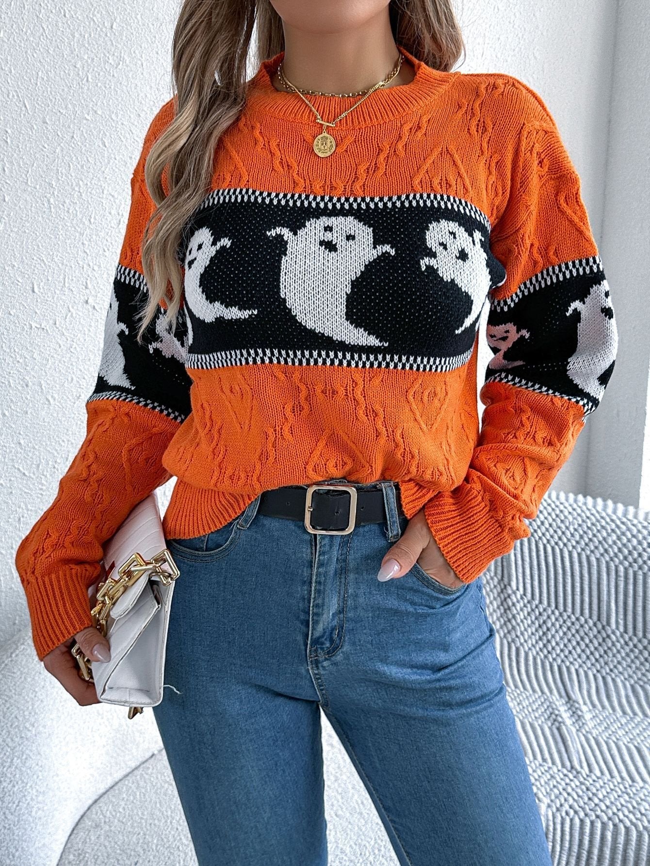 Casual Long Sleeve Crew Neck Halloween Loose Regular Sweater