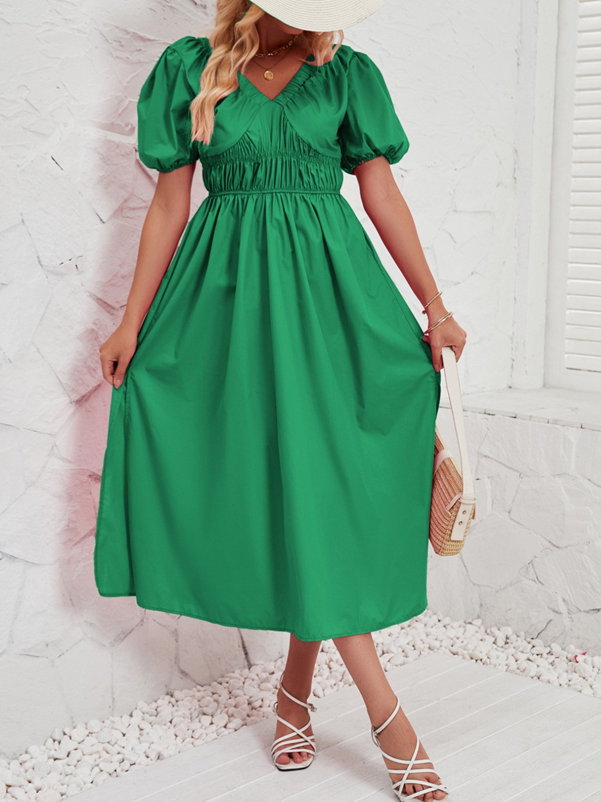 Casual Sleeveless V Neck Plain Loose Midi Dress