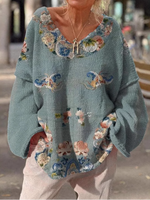 Casual Long Sleeve V Neck Ethnic Floral Loose Mid-Long Sweatshirt