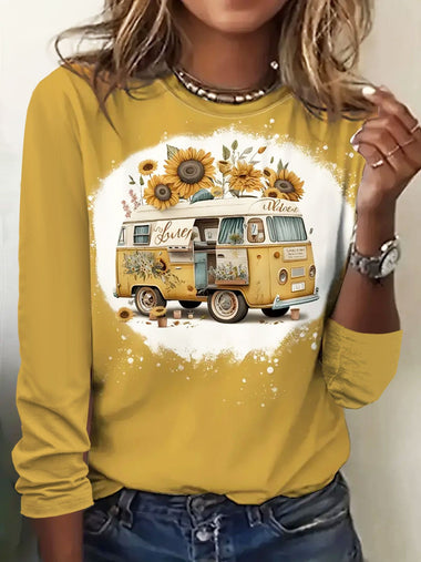 Loose Long Sleeve Crew Neck Sunflower Casual Regular T-Shirt