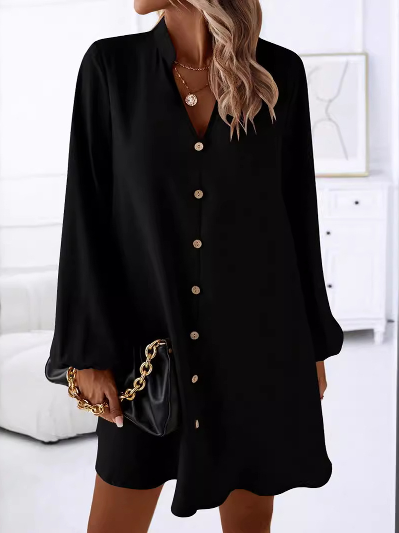 Casual Long Sleeve V Neck Plain Loose Knee Length Short Dress