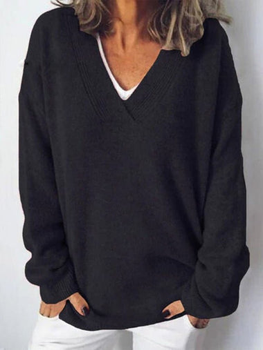 Casual Long Sleeve V Neck Plain Loose Mid-Long Sweater