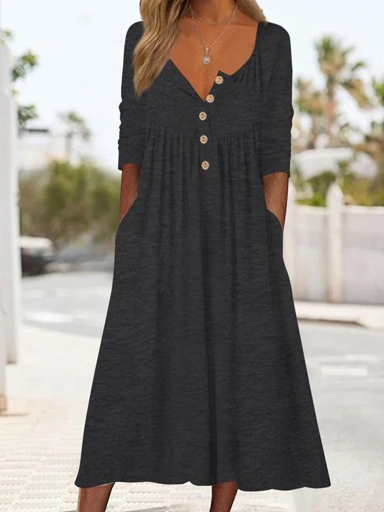 Casual Long Sleeve Crew Neck Plain Midi Dress