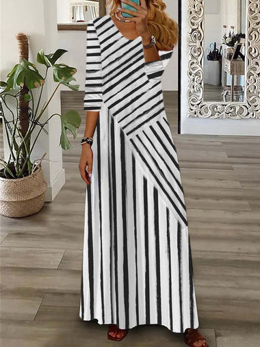 Casual Long Sleeve V Neck Striped Maxi Dress