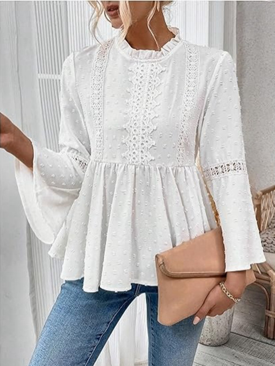 Casual Long Sleeve Crew Neck Plain Loose Regular Blouse