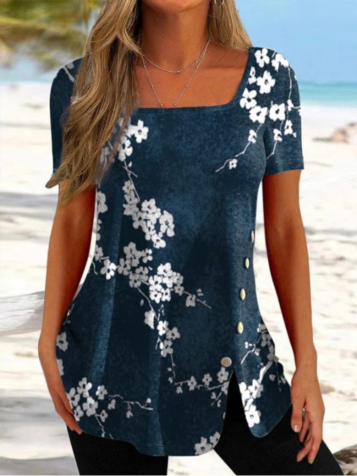 Vacation Short Sleeve Square Neck Floral Loose Regular T-Shirt