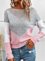 Casual Long Sleeve Crew Neck Color Block Hollow Out Loose Regular Sweater