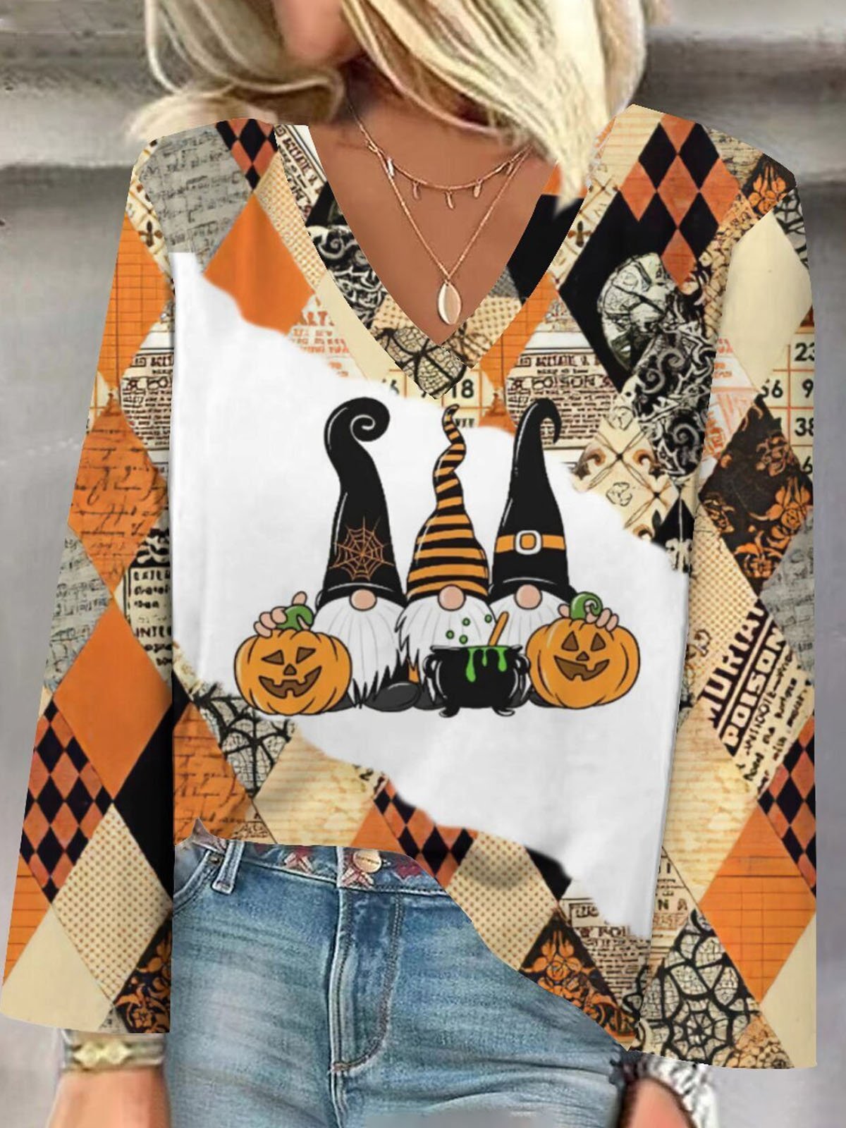 Casual Long Sleeve V Neck Halloween Loose Regular Blouse