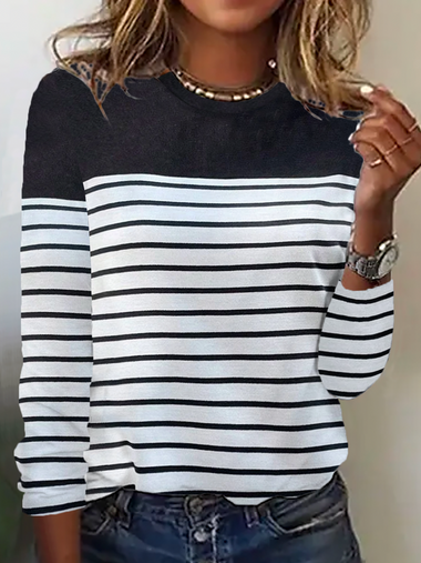 Loose Long Sleeve Crew Neck Striped Casual Regular T-Shirt