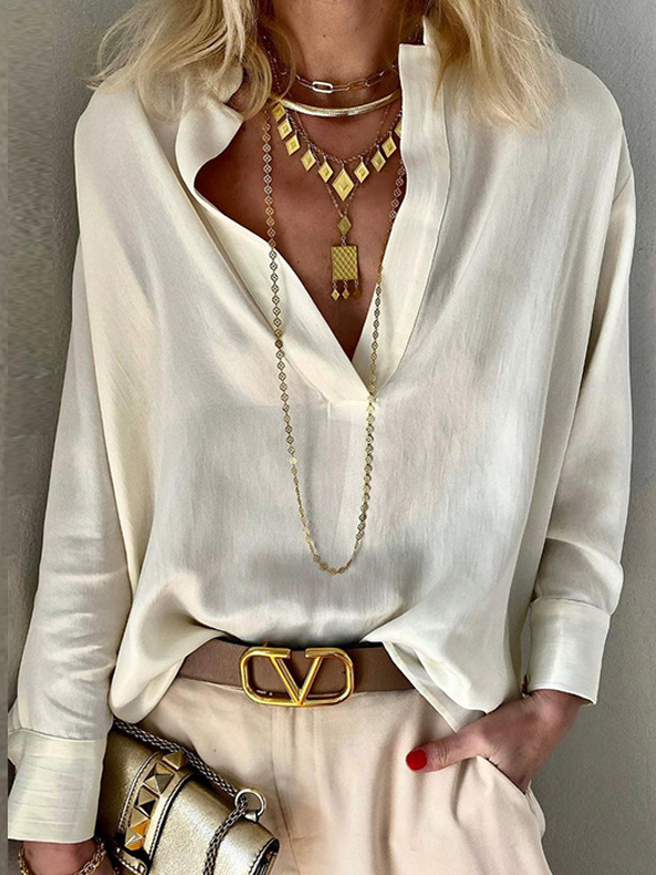 Loose Long Sleeve V Neck Plain Casual Regular Blouse