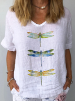 Simple Short Sleeve V Neck Dragonfly Loose Regular Blouse