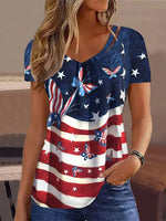 Casual Short Sleeve V Neck America Flag Loose Mid-Long Blouse