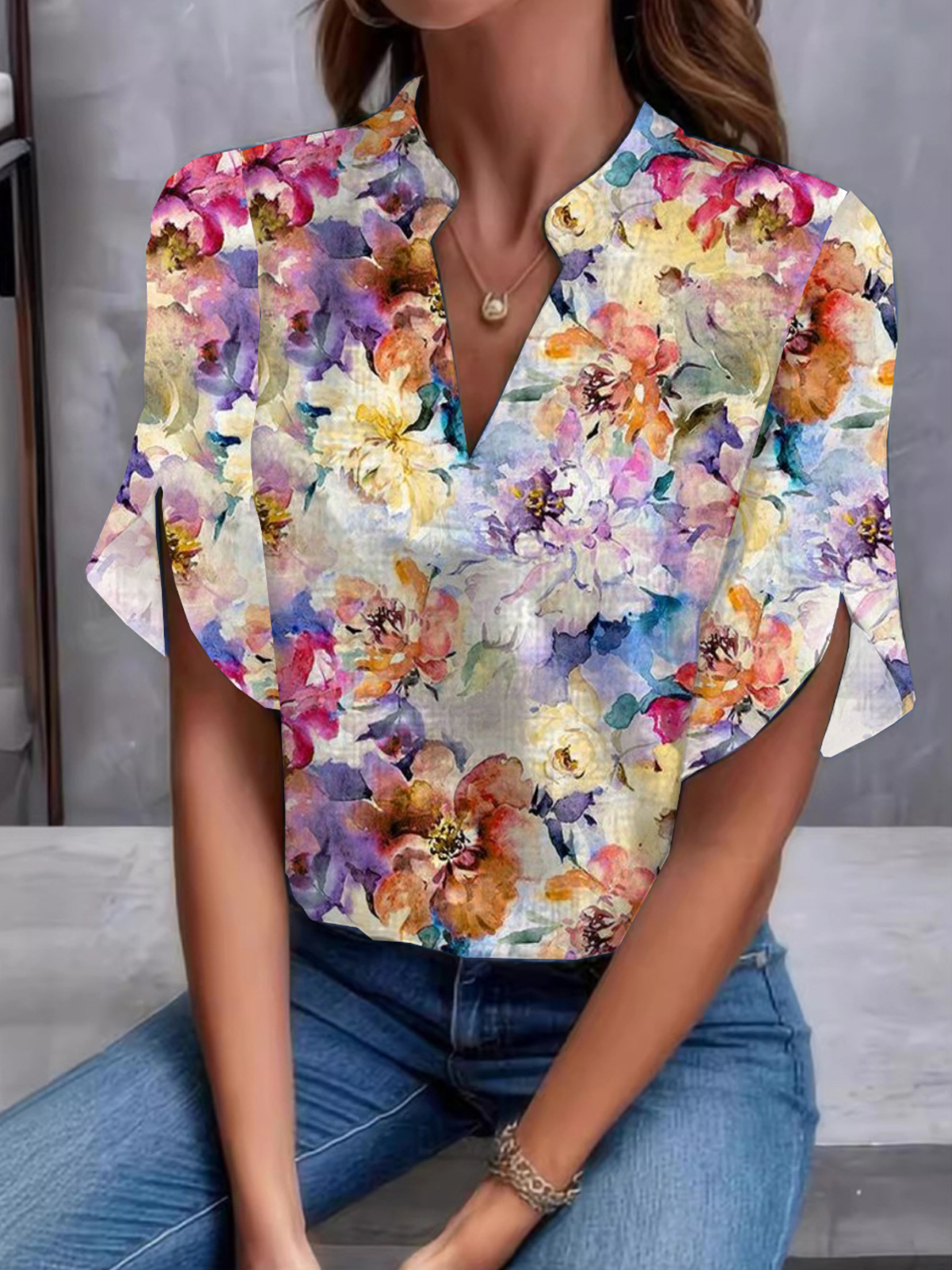 Loose Short Sleeve V Neck Floral Casual Regular Blouse