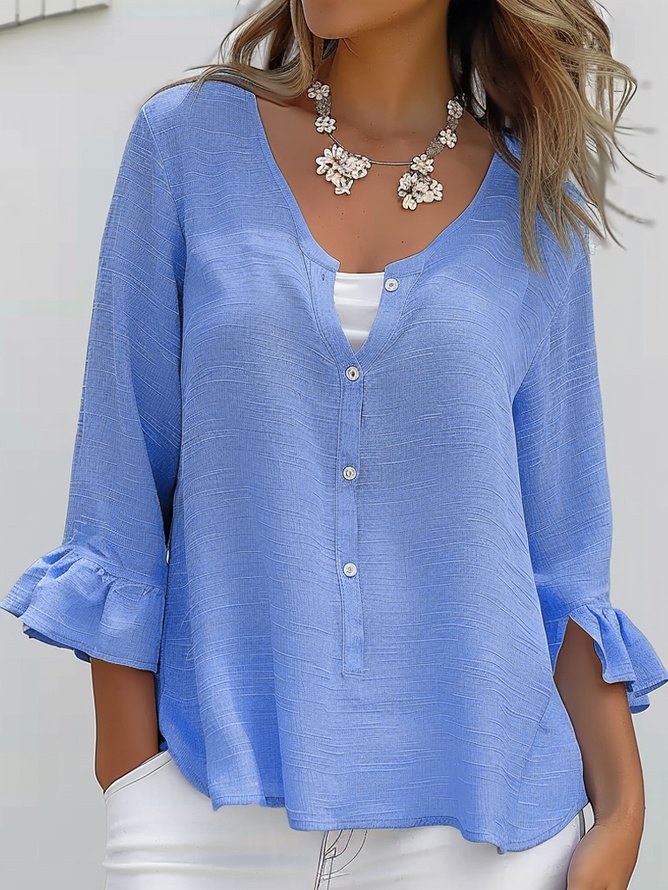 Loose Three Quarter Sleeve Notched Plain Casual Regular Blouse