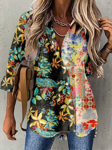 Loose Long Sleeve Shirt Collar Ethnic Floral Vintage Mid-Long Shirt