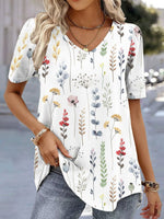 Casual Short Sleeve V Neck Floral Loose Mid-Long Blouse