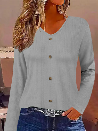 Casual Long Sleeve V Neck Plain Loose Regular Blouse