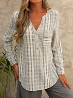 Linen Long Sleeve V Neck Classical Geometry Loose Regular Blouse