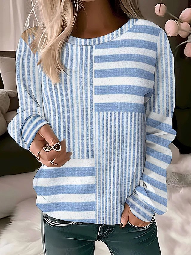 Loose Long Sleeve Crew Neck Striped Vintage Regular Sweatshirt