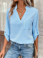 Casual Three Quarter Sleeve V Neck Striped Loose Regular Blouse