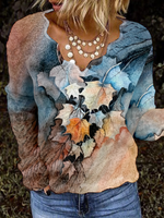 Casual Long Sleeve V Neck Floral Loose Regular Blouse