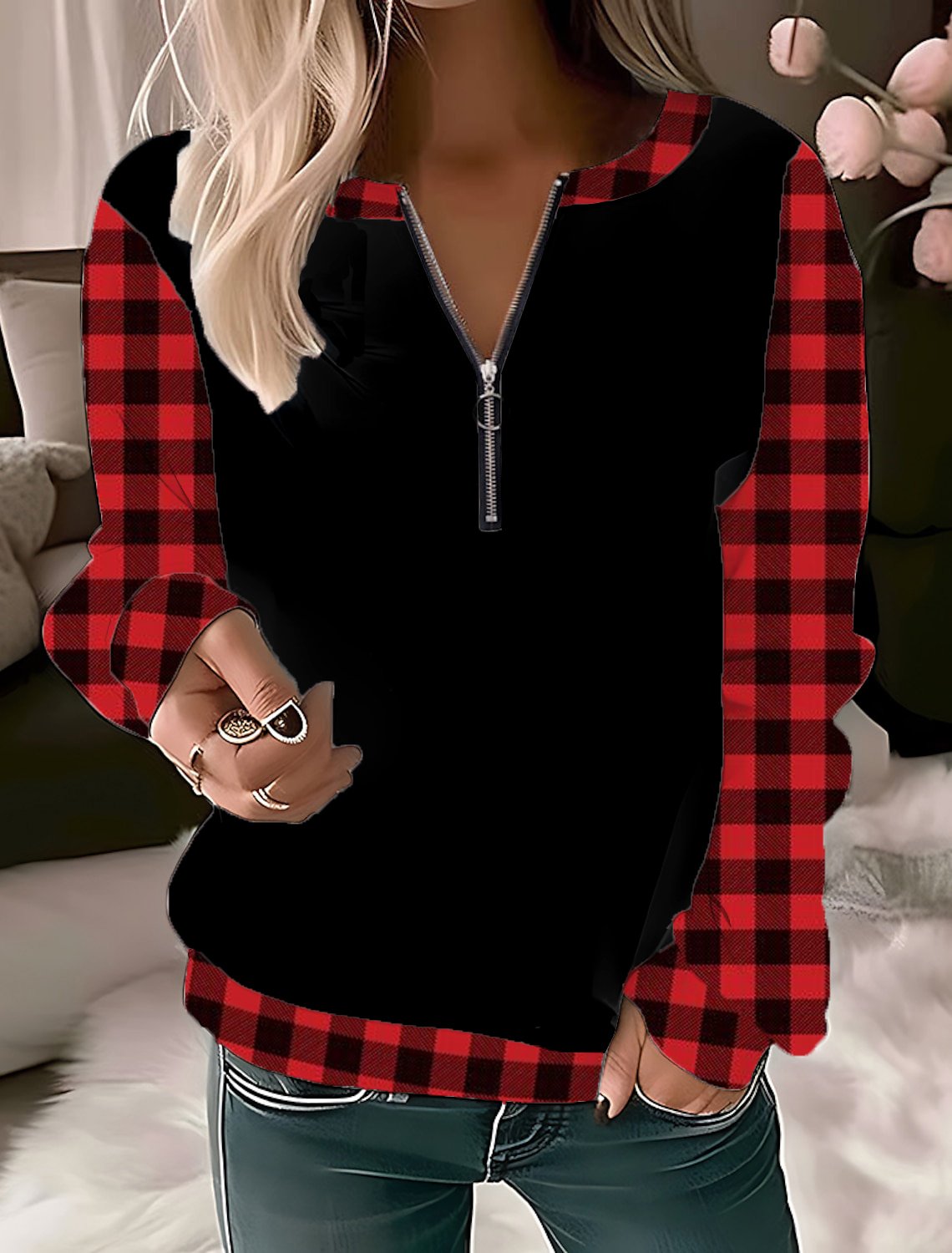 Loose Long Sleeve Crew Neck Plaid Zipper Casual Regular Sweatshirt