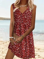 Vacation Sleeveless V Neck Floral Pattern Short Dress