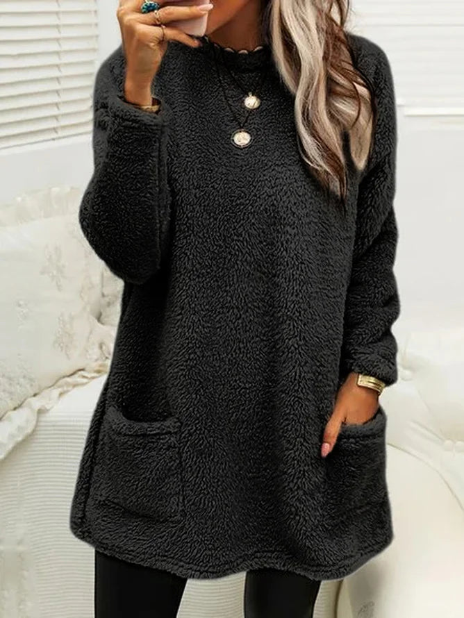 Loose Long Sleeve Crew Neck Plain Casual Midi Dress