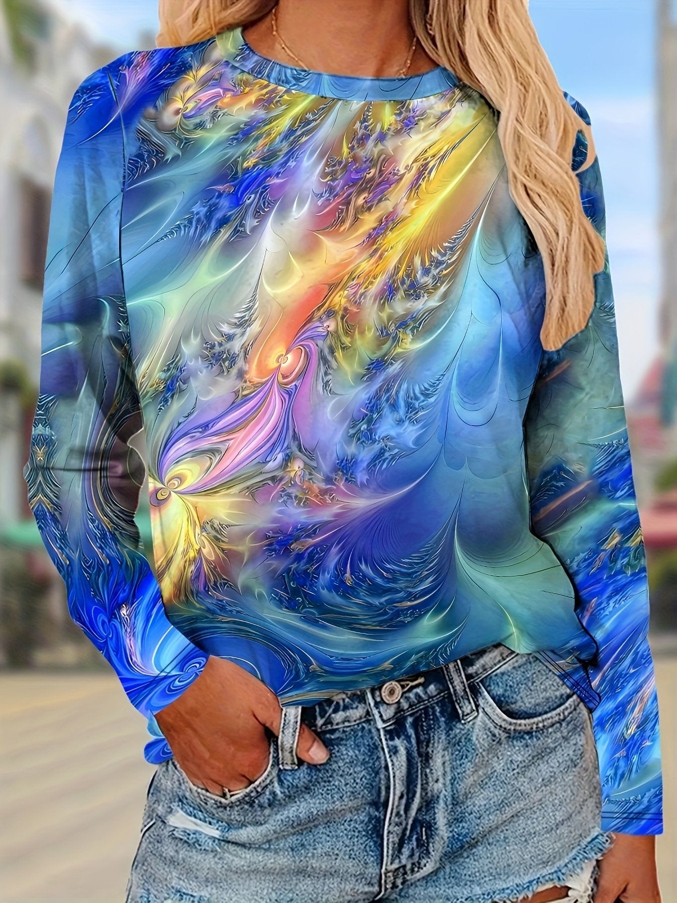 Casual Long Sleeve Crew Neck Abstract Loose Regular T-Shirt