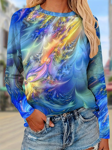 Casual Long Sleeve Crew Neck Abstract Loose Regular T-Shirt