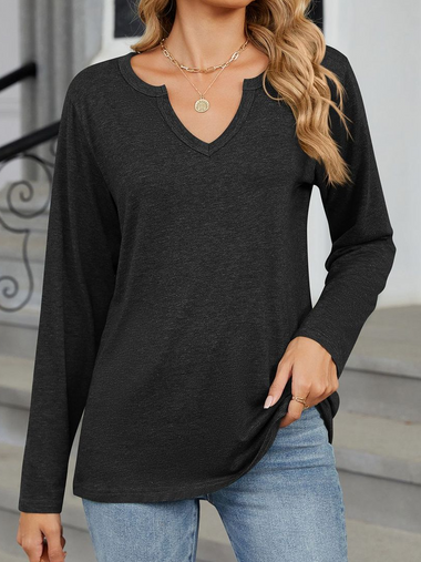 Loose Long Sleeve V Neck Plain Casual Regular T-Shirt