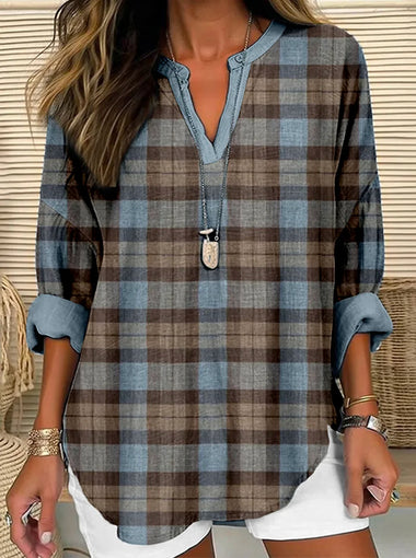 Casual Long Sleeve V Neck Plaid Regular Shirt