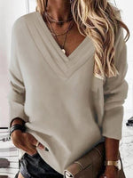 Casual Long Sleeve V Neck Plain Loose Regular Sweatshirt