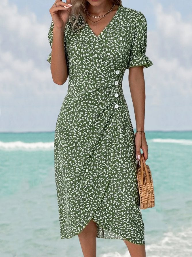 Vacation Short Sleeve V Neck Floral Pattern Midi Dress