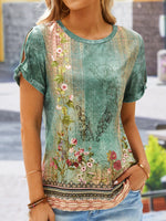 Loose Short Sleeve Crew Neck Floral Casual Mid-Long Blouse