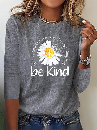 Loose Long Sleeve Crew Neck Daisy Casual Regular T-Shirt