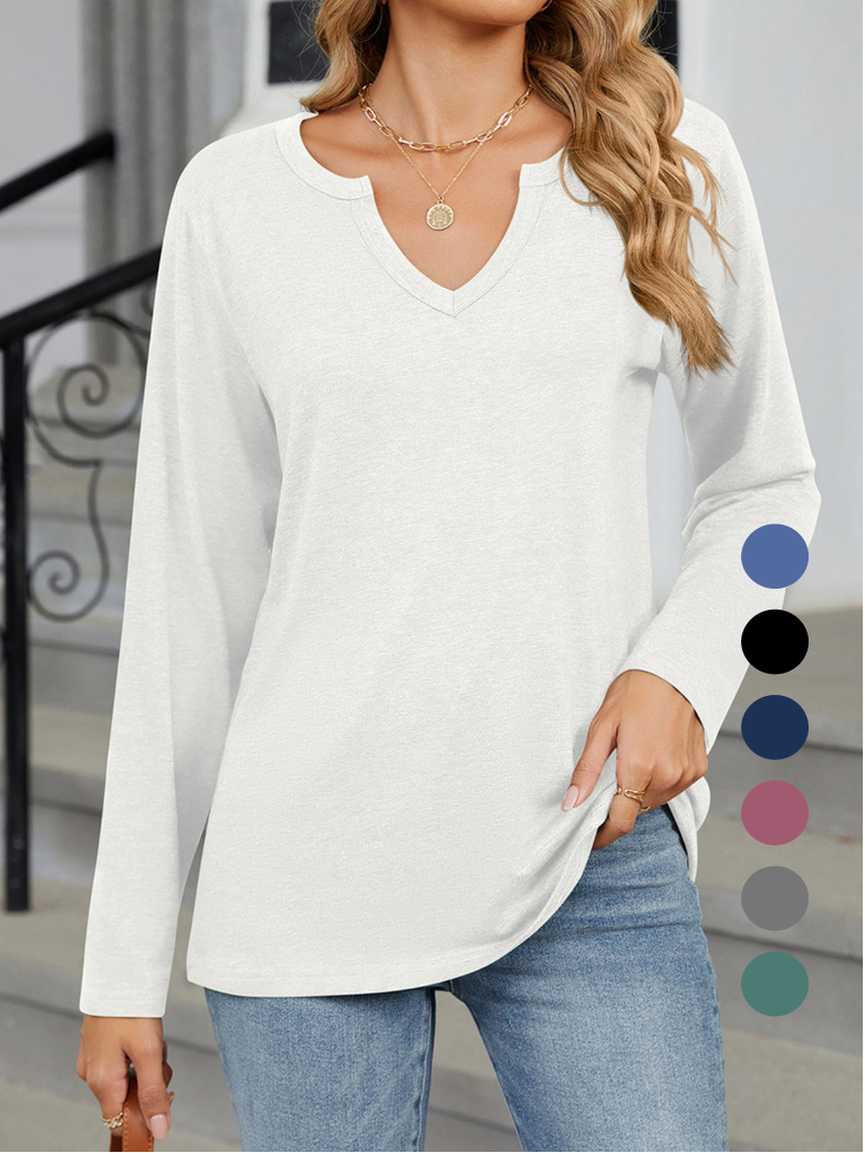 Loose Long Sleeve V Neck Plain Casual Regular T-Shirt