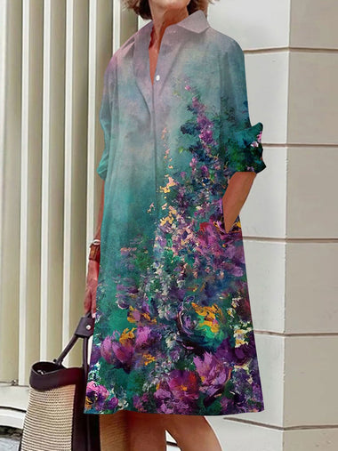 Casual Long Sleeve Shirt Collar Floral Loose Midi Dress