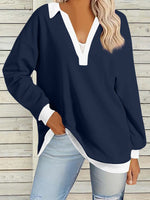 Casual Long Sleeve V Neck Color Block Loose Regular Loose Blouse