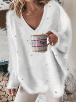 Casual Long Sleeve V Neck Plain Loose Regular Sweater